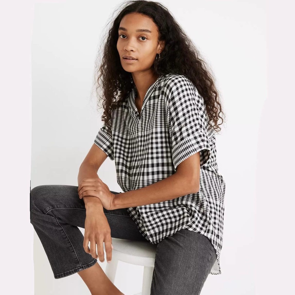 Madewell Top Womens Small Black White Double Faced Hayden Popover Breeney Plaid